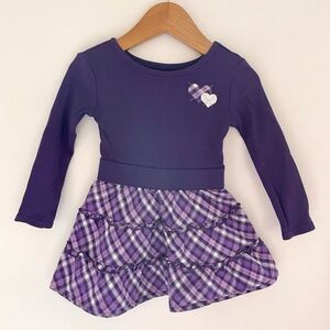 5/$20💥Like New Ruffle Skirt Dress, Embroidered Hearts, Purple Plaid, Ribbed